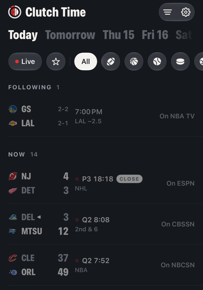 Clutch Time on iPhone: today's games ranked, live scores, and the channel each one is on